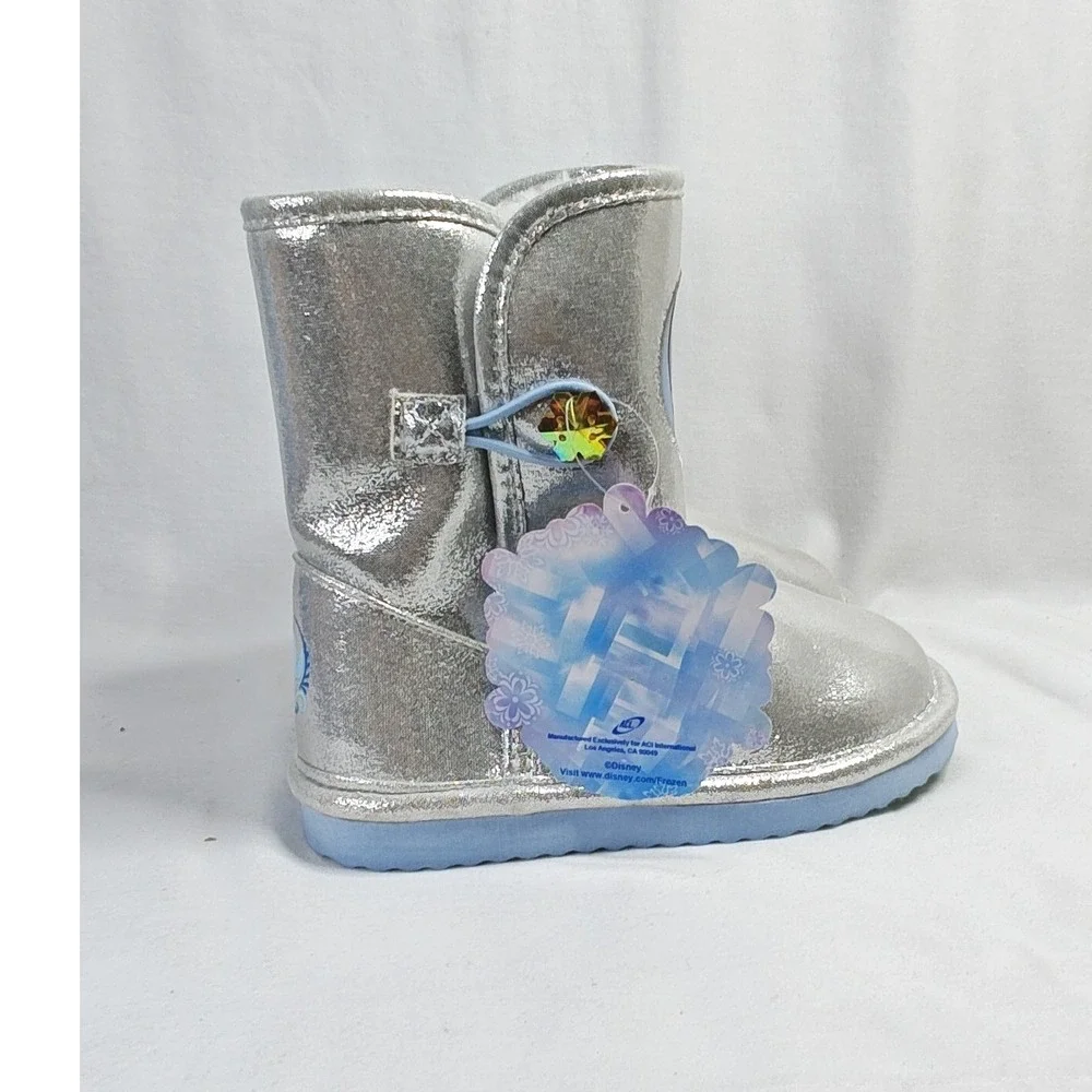 Disney Frozen Boots Silver Anna Elsa Faux Fur Metallic Snowflake Toddler 8 New